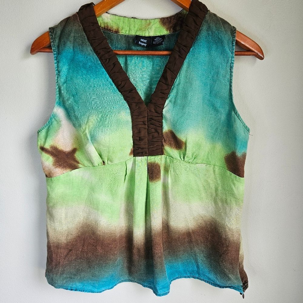 Saint Tropez West Linen Babydoll Top Women's Medium Tie Dye Hippie Boho Summer - Picture 3 of 9